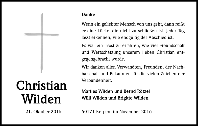  Traueranzeige für Christian Wilden vom 26.11.2016 aus Kölner Stadt-Anzeiger / Kölnische Rundschau / Express
