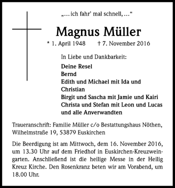 Anzeige von Magnus Müller von Kölner Stadt-Anzeiger / Kölnische Rundschau / Express