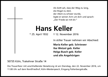 Anzeige von Hans Keller von Kölner Stadt-Anzeiger / Kölnische Rundschau / Express