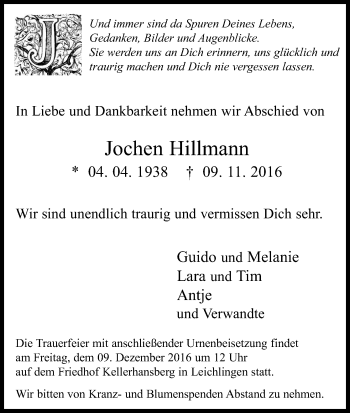 Anzeige von Jochen Hillmann von Kölner Stadt-Anzeiger / Kölnische Rundschau / Express