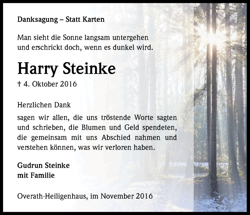  Traueranzeige für Harry Steinke vom 19.11.2016 aus Kölner Stadt-Anzeiger / Kölnische Rundschau / Express