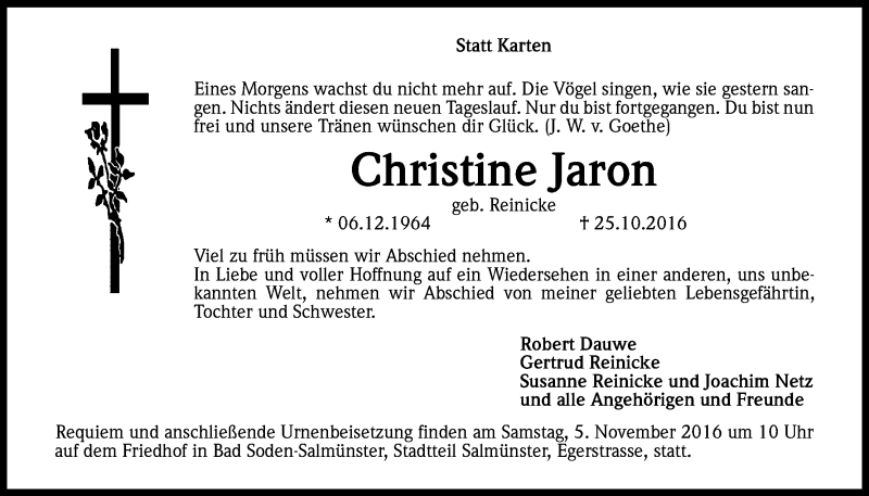  Traueranzeige für Christine Jaron vom 03.11.2016 aus Kölner Stadt-Anzeiger / Kölnische Rundschau / Express