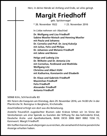 Anzeige von Margit Friedhoff von Kölner Stadt-Anzeiger / Kölnische Rundschau / Express