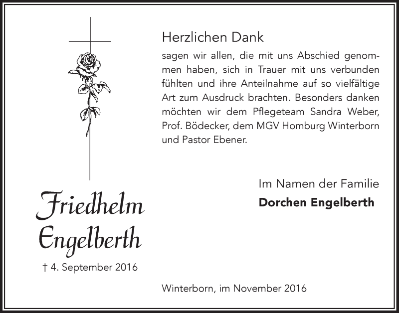  Traueranzeige für Friedhelm Engelberth vom 09.11.2016 aus  Lokalanzeiger 