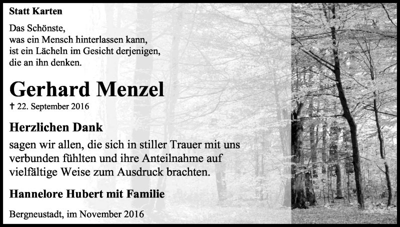  Traueranzeige für Gerhard Menzel vom 26.11.2016 aus Kölner Stadt-Anzeiger / Kölnische Rundschau / Express