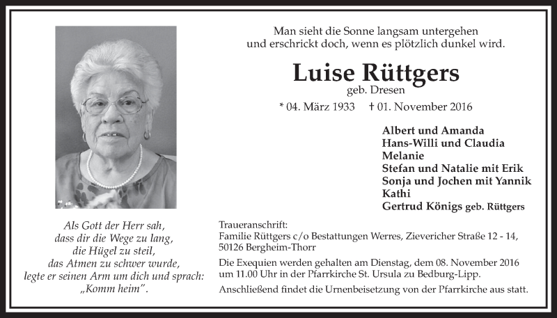  Traueranzeige für Luise Rüttgers vom 05.11.2016 aus  Sonntags-Post 