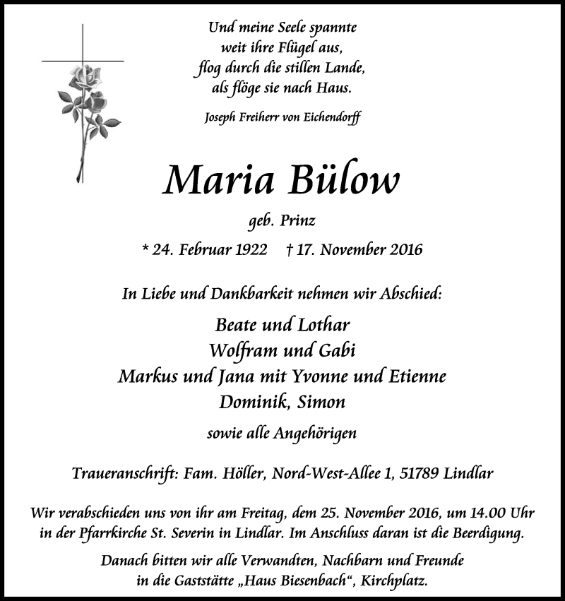  Traueranzeige für Maria Bülow vom 19.11.2016 aus Kölner Stadt-Anzeiger / Kölnische Rundschau / Express