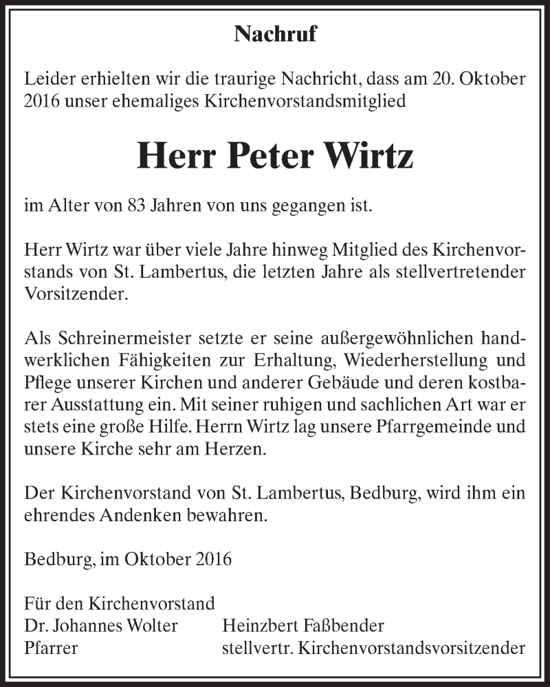  Traueranzeige für Peter Wirtz vom 05.11.2016 aus  Sonntags-Post 