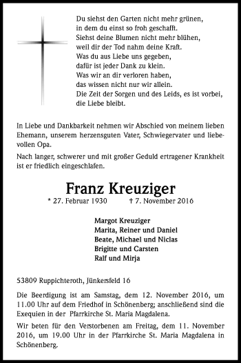 Anzeige von Franz Kreuziger von Kölner Stadt-Anzeiger / Kölnische Rundschau / Express