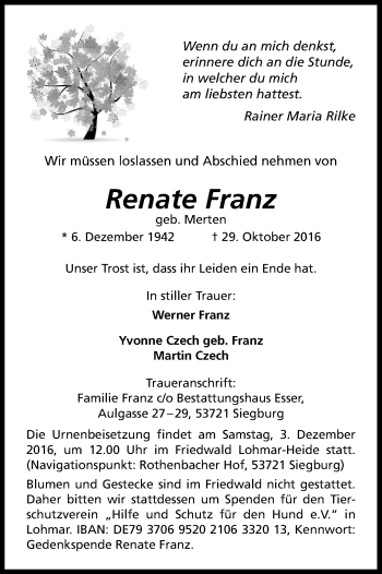 Anzeige von Renate Franz von Kölner Stadt-Anzeiger / Kölnische Rundschau / Express