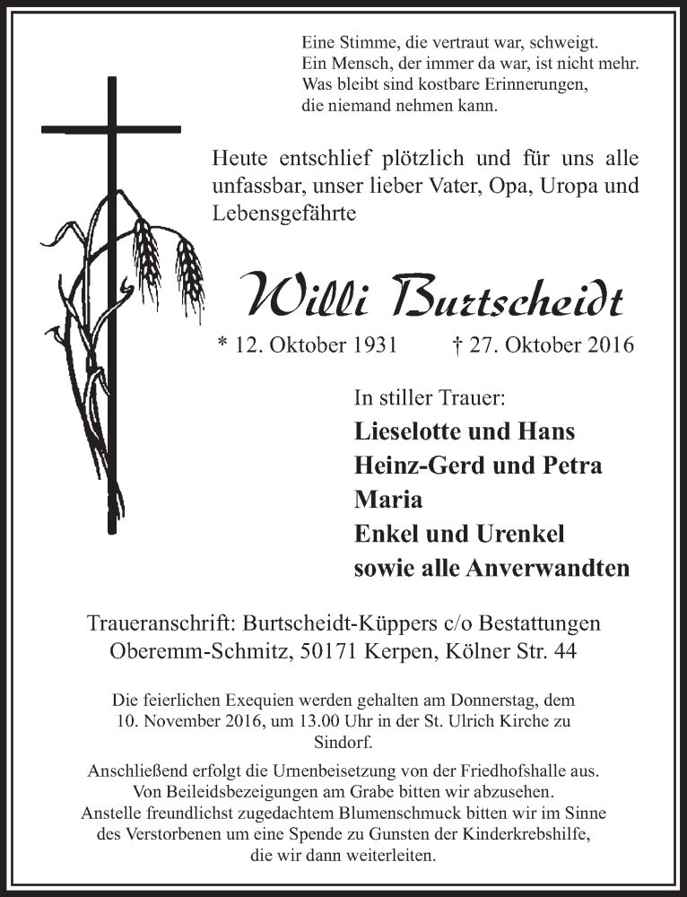  Traueranzeige für Willi Burtscheidt vom 05.11.2016 aus  Sonntags-Post 