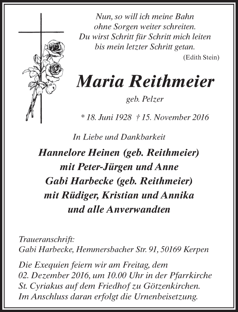  Traueranzeige für Maria Reithmeier vom 26.11.2016 aus  Sonntags-Post 