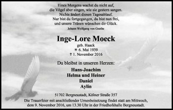 Anzeige von Inge-Lore Moeck von Kölner Stadt-Anzeiger / Kölnische Rundschau / Express