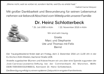 Anzeige von Heinz  Schlotterbeck von Kölner Stadt-Anzeiger / Kölnische Rundschau / Express