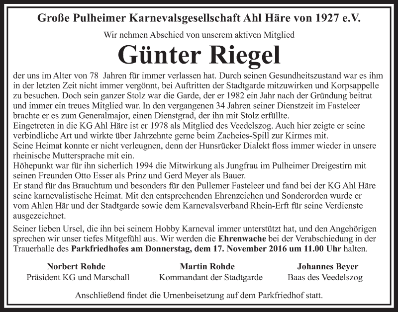  Traueranzeige für Günter Riegel vom 12.11.2016 aus  Sonntags-Post 