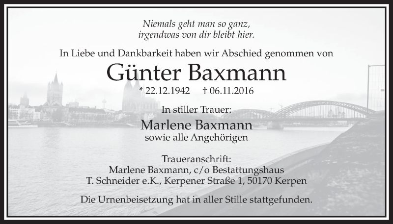  Traueranzeige für Günter Baxmann vom 19.11.2016 aus  Sonntags-Post 