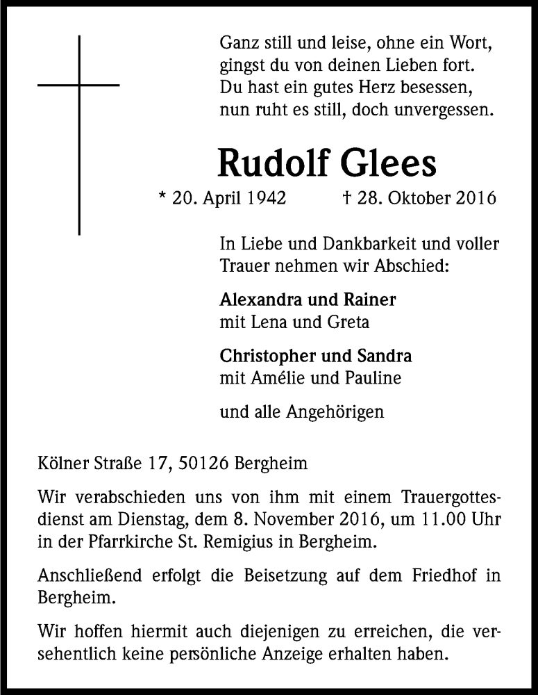  Traueranzeige für Rudolf Glees vom 05.11.2016 aus Kölner Stadt-Anzeiger / Kölnische Rundschau / Express