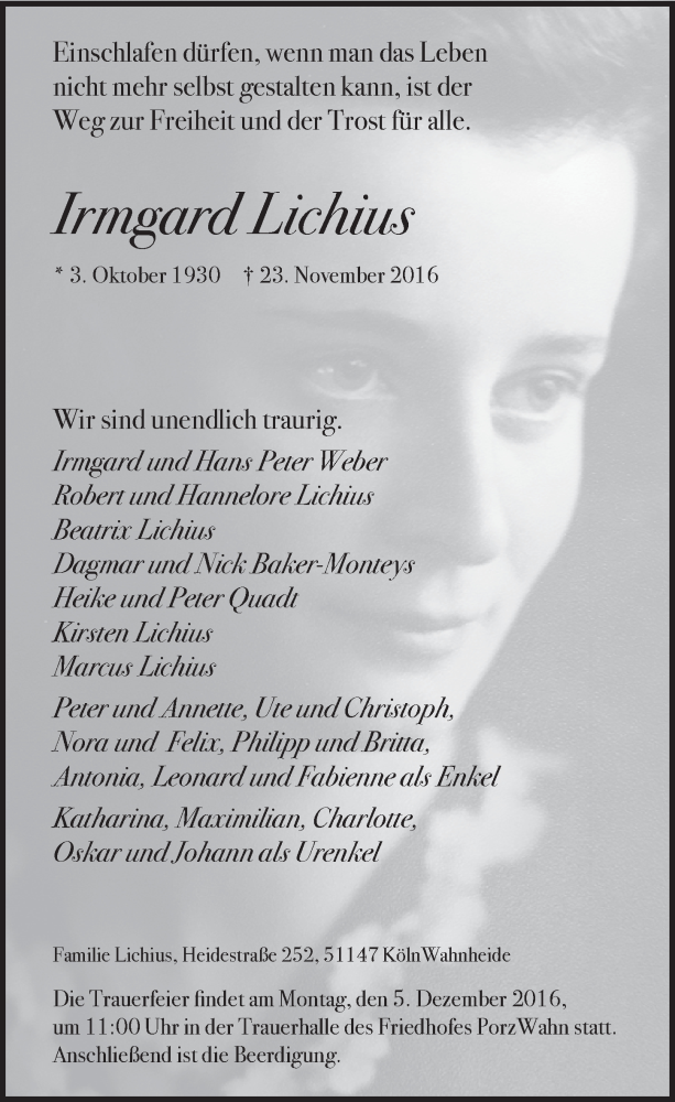  Traueranzeige für Irmgard Lichius vom 30.11.2016 aus  Kölner Wochenspiegel 