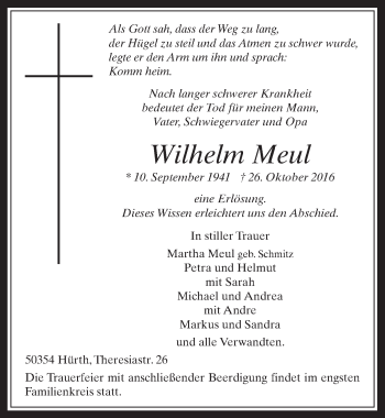 Anzeige von Wilhelm Meul von  Wochenende 