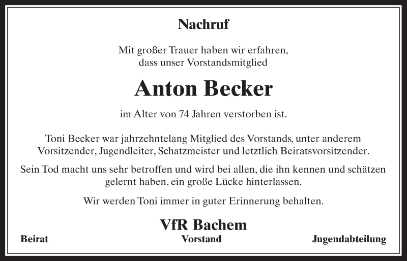  Traueranzeige für Anton Becker vom 09.11.2016 aus  Wochenende 