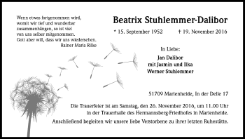 Anzeige von Beatrix Stuhlemmer-Dalibor von Kölner Stadt-Anzeiger / Kölnische Rundschau / Express