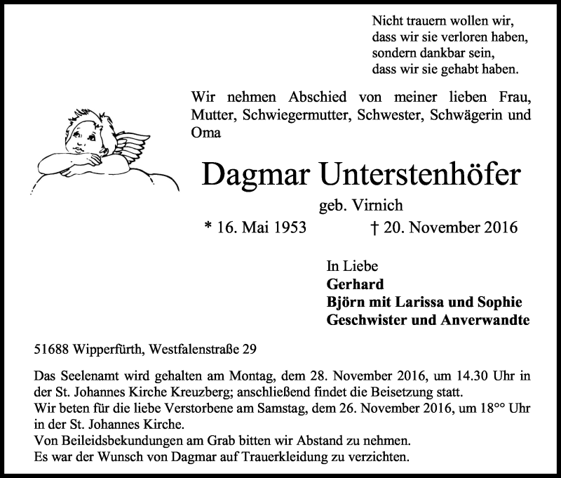  Traueranzeige für Dagmar Unterstenhöfer vom 23.11.2016 aus Kölner Stadt-Anzeiger / Kölnische Rundschau / Express