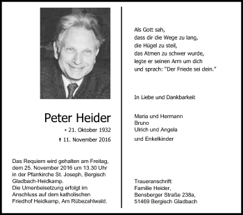 Anzeige von Peter Heider von Kölner Stadt-Anzeiger / Kölnische Rundschau / Express