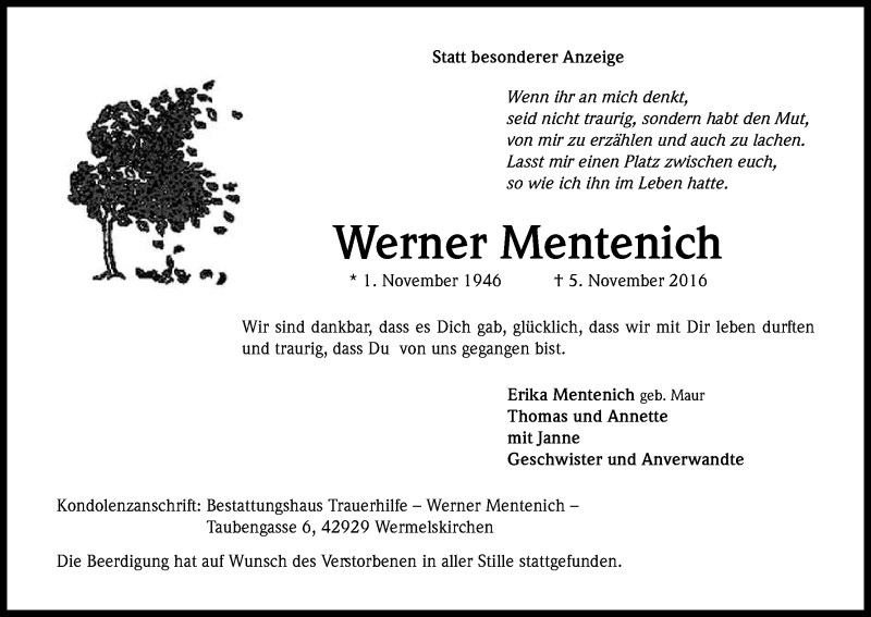  Traueranzeige für Werner Mentenich vom 12.11.2016 aus Kölner Stadt-Anzeiger / Kölnische Rundschau / Express