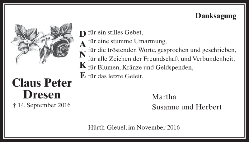  Traueranzeige für Claus Peter Dresen vom 02.11.2016 aus  Wochenende 