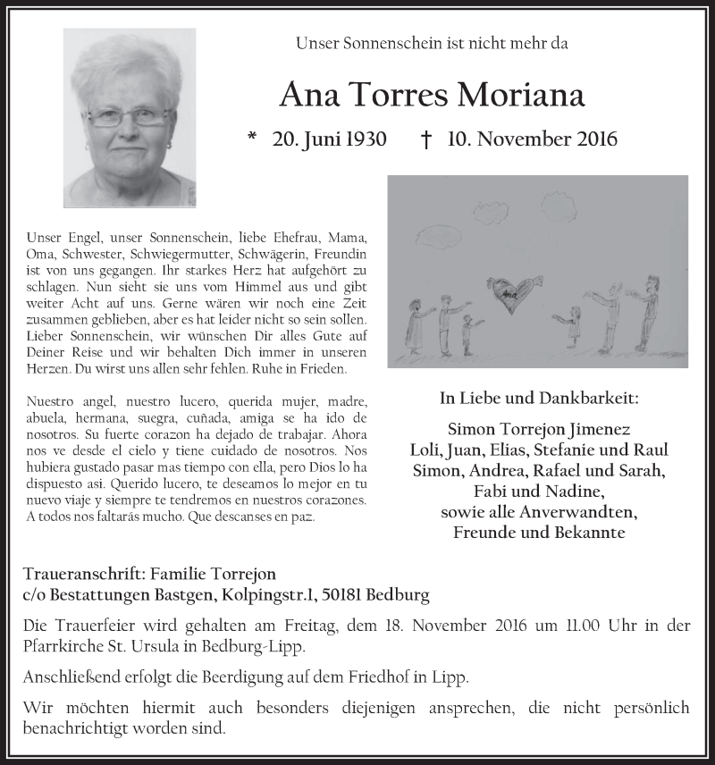  Traueranzeige für Ana Torres Moriana vom 16.11.2016 aus  Werbepost 