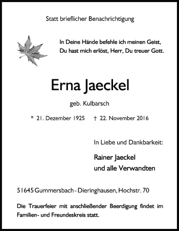 Anzeige von Erna Jaeckel von Kölner Stadt-Anzeiger / Kölnische Rundschau / Express