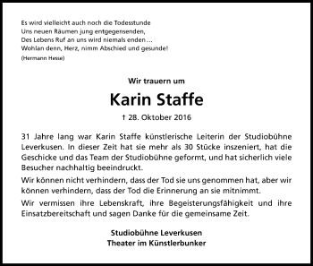 Anzeige von Karin Staffe von Kölner Stadt-Anzeiger / Kölnische Rundschau / Express