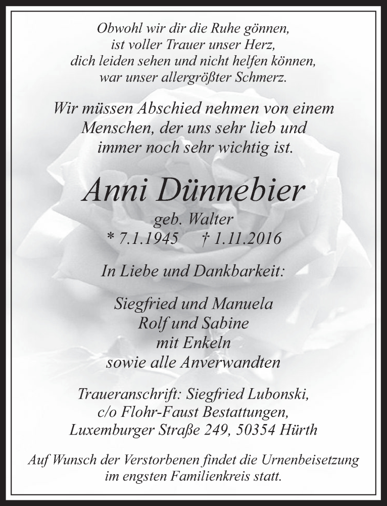 Traueranzeige für Anni Dünnebier vom 16.11.2016 aus  Kölner Wochenspiegel 