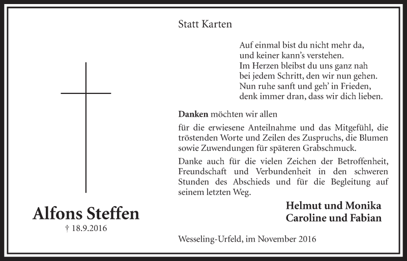  Traueranzeige für Alfons Steffen vom 02.11.2016 aus  Schlossbote/Werbekurier 
