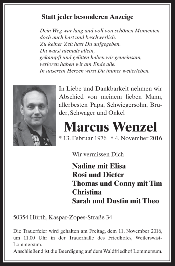Anzeige von Marcus Wenzel von  Wochenende 