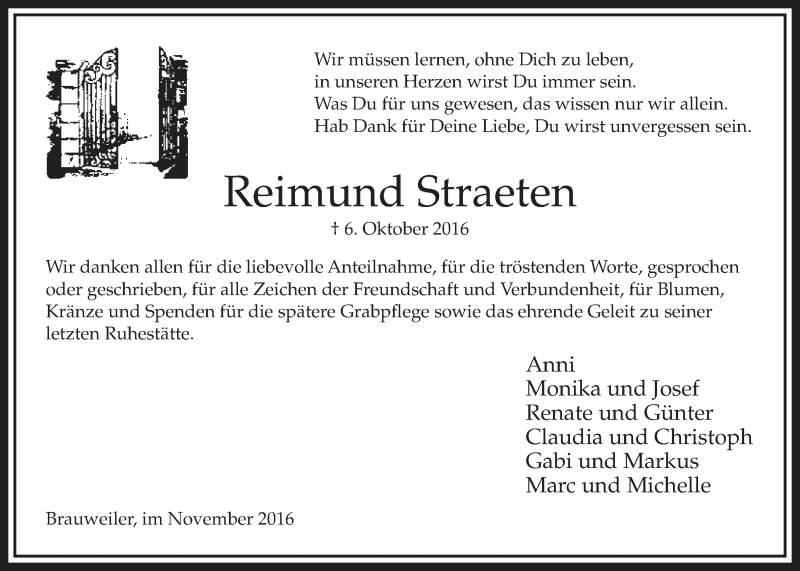  Traueranzeige für Reimund Straeten vom 12.11.2016 aus  Sonntags-Post 