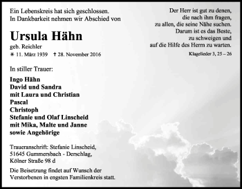 Anzeige von Ursula Hähn von Kölner Stadt-Anzeiger / Kölnische Rundschau / Express
