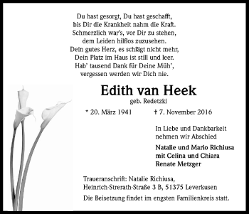 Anzeige von Edith van Heek von Kölner Stadt-Anzeiger / Kölnische Rundschau / Express