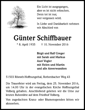 Anzeige von Günter Schiffbauer von Kölner Stadt-Anzeiger / Kölnische Rundschau / Express