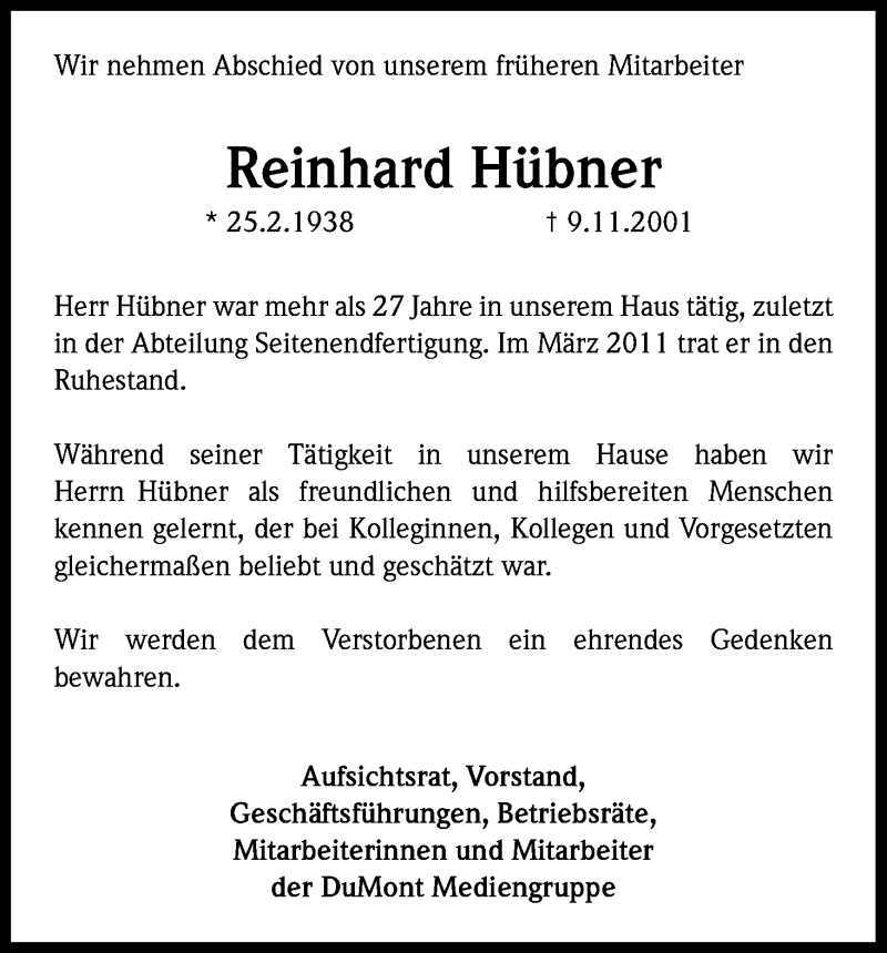 Traueranzeige für Reinhard Hübner vom 16.11.2016 aus Kölner Stadt-Anzeiger / Kölnische Rundschau / Express