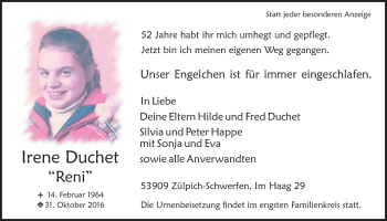 Anzeige von Irene Duchet von  Blickpunkt Euskirchen 
