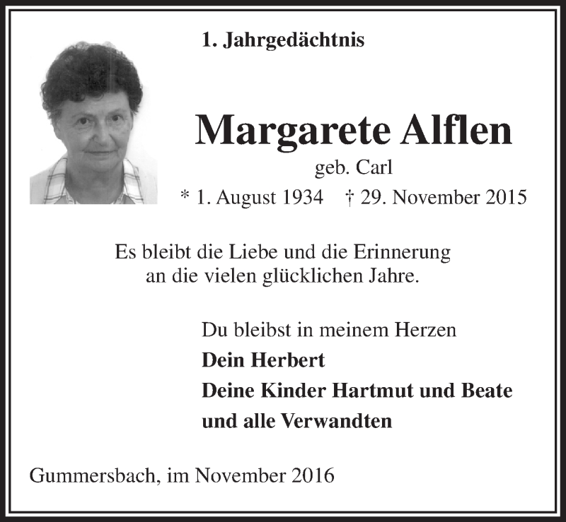  Traueranzeige für Margarete Alflen vom 30.11.2016 aus  Anzeigen Echo 