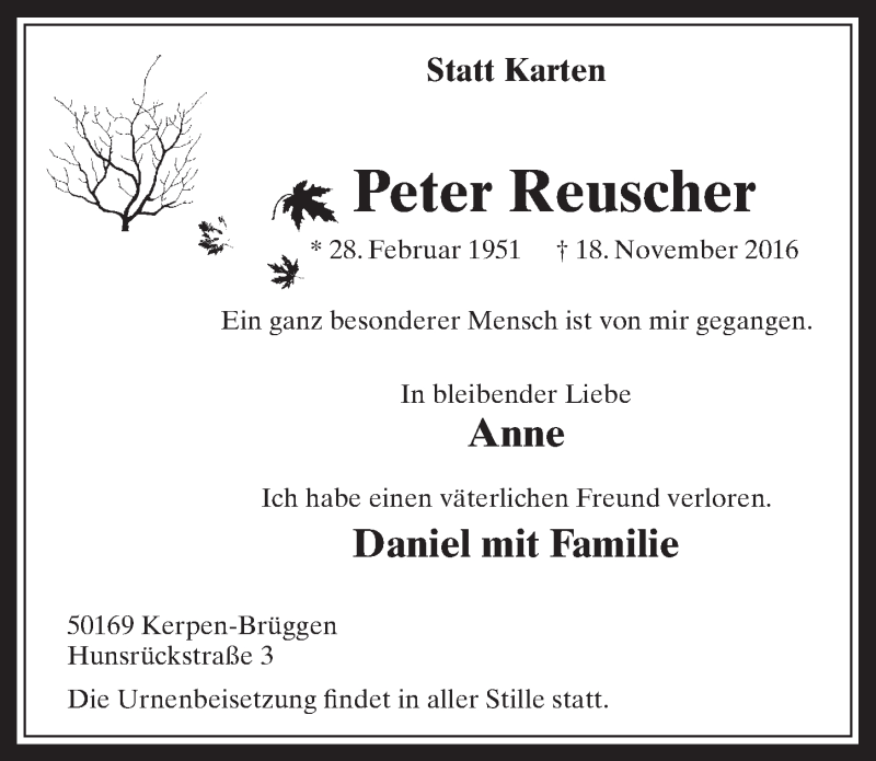 Traueranzeige für Peter Reuscher vom 23.11.2016 aus  Werbepost 