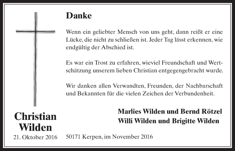  Traueranzeige für Christian Wilden vom 30.11.2016 aus  Werbepost 