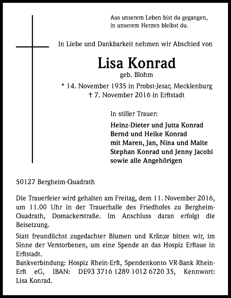  Traueranzeige für Lisa Konrad vom 10.11.2016 aus Kölner Stadt-Anzeiger / Kölnische Rundschau / Express