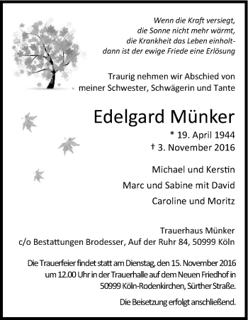 Anzeige von Edelgard Münker von Kölner Stadt-Anzeiger / Kölnische Rundschau / Express