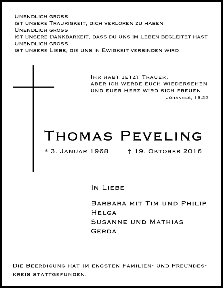  Traueranzeige für Thomas Peveling vom 05.11.2016 aus Kölner Stadt-Anzeiger / Kölnische Rundschau / Express
