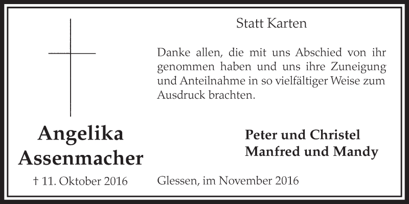  Traueranzeige für Angelika Assenmacher vom 19.11.2016 aus  Sonntags-Post 