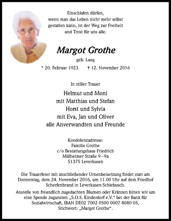 Anzeige von Margot Grothe von Kölner Stadt-Anzeiger / Kölnische Rundschau / Express