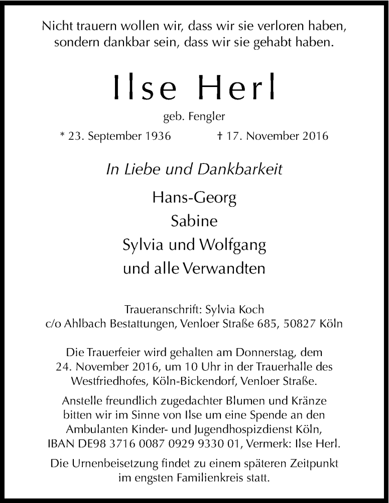  Traueranzeige für Ilse Herl vom 19.11.2016 aus Kölner Stadt-Anzeiger / Kölnische Rundschau / Express